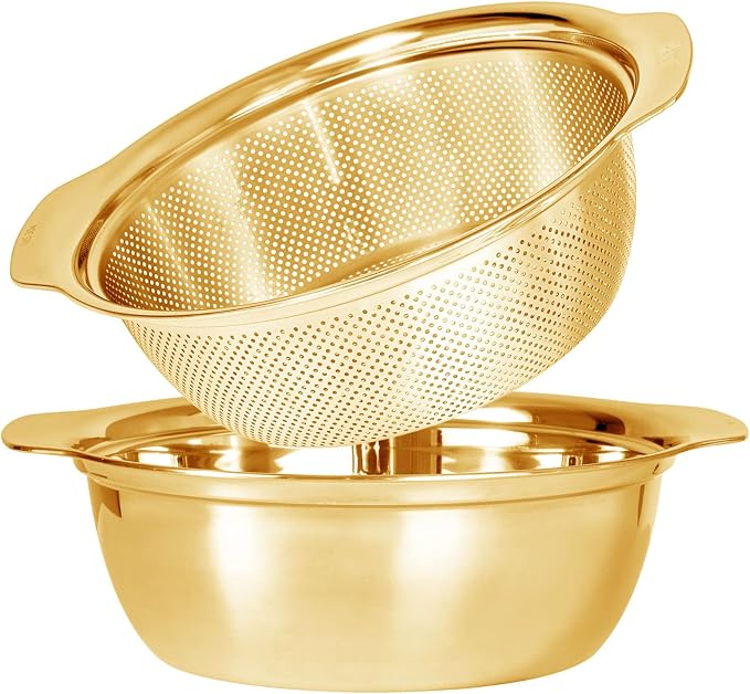 Paoli 304 Stainless Steel Fine Mesh Colander Set, 4QT Large Capacity Strainer with Mixing Bowl — Rinse Fruits, Veggies, Rice & Drain Pasta, Dishwasher Safe (2-Piece Gold)