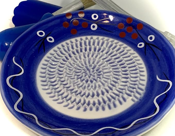 BonCera, All-in-one Premium Ceramic Garlic Grater Plate 4-Piece Set - Cherry Line on Blue Design - For Garlic, Ginger, Chocolate, and more! - Comes with 5.25" Plate, Peeler, Brush, and Stand