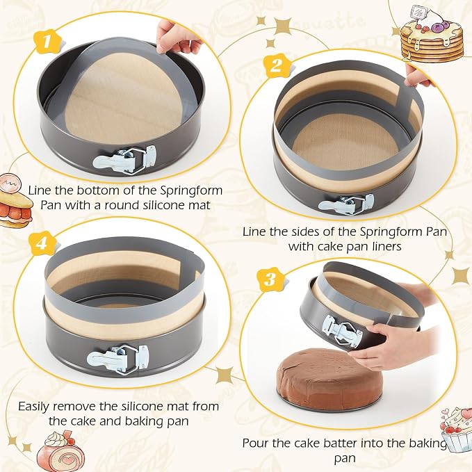 Honeydak 4 Set Silicone Baking Mat for 4, 7, 9, 10 Inch Springform Pan Protector Nonstick Reusable Cake Pan Liners for Cheesecake Baking Prevent Sticking to Bottom & Side, Easy Release & Clean(Gray)