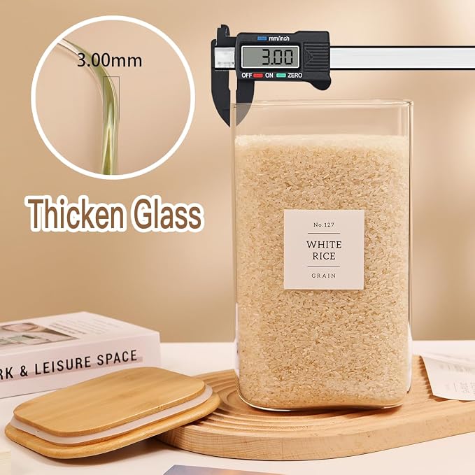2 Pack large Square Glass Flour and Sugar Containers with 132 Kitchen Pantry Labels - 149 floz & 71 floz - Glass Jars with Airtight Bamboo Lid - Glass Rice Canisters for Coffee, Pasta, Cookie, Cereal
