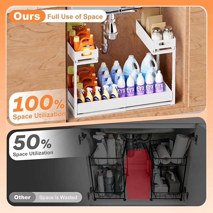 Upgrade 1 Pack Expandable Under Sink Organizer: 2-Tier Pull Out Cabinet with 3 Heavy-Duty Ball-Bearing Slide Rails, Tool-Free Height Adjustable, Slide-Out Drawers for Kitchen, Bathroom, Laundry