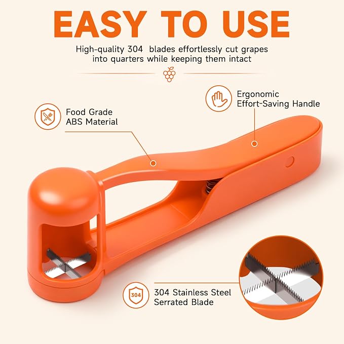Luvan Grape Cutter for Toddlers 1-3, Grape Slicer Kitchen Gadget for Vegetable Fruit Salad Cake Decor, Stainless Steel Tomato Quarter Cutter Tool for Cherry Strawberry Blueberry - Orange