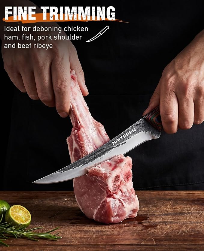 Naitesen 3PCS Hand Forged Butcher Knife Set - Gold-Stamped Gift Box | 15° Razor Sharp 6.5" Serbian Chef Knife, 8.5" Meat Slicer & 6.5" Boning Knife for Meat Cutting Kitchen Cooking BBQ
