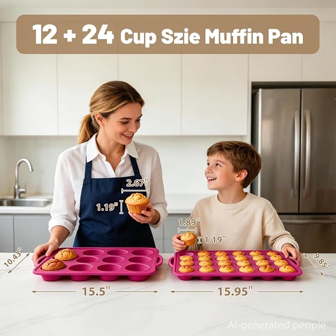 Silicone Muffin Pan Set: Non Stick 12 & 24 Silicone Muffin Pans for Baking Easy Release - Complete Shaping Each Use Avoid Re‑baking - BPA-free Cupcake Tin Reinforced Frame for Oven Home Bakers