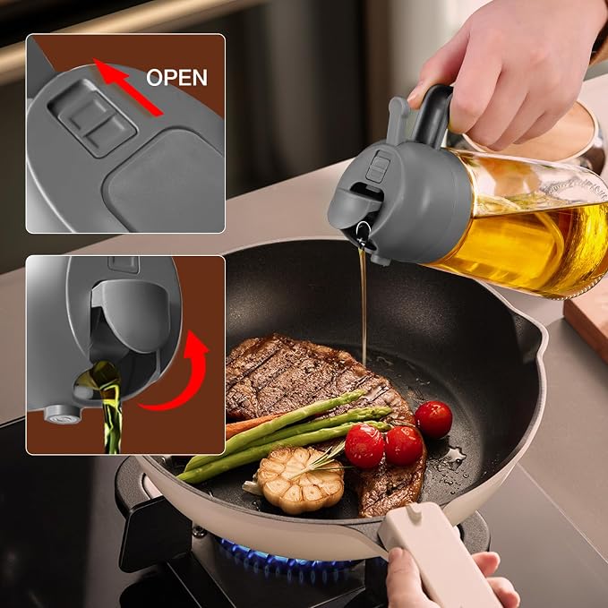 YARRAMATE 16 oz 2-in-1 Glass Olive Oil Sprayer for Cooking, Grey | Food-grade dispenser bottle, 470 ml, spray and pour, portion control, stickers included, for salad, frying and BBQ