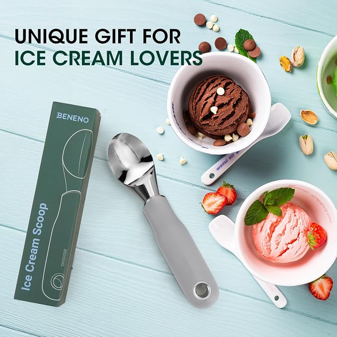 Beneno Heavy Duty Ice Cream Scoop - Upgraded Anti-Fracture Design, Comfortable Grip Long Handle, Effortless Scooping & Dishwasher Safe, Gray