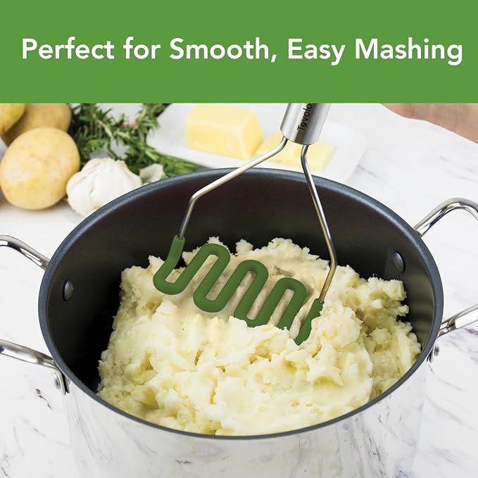 Tovolo Silicone Potato Masher Stainless Steel Handle Pesto Green Dishwasher Safe Heat Resistant Non Scratch Handheld Coil Wire Potato Smasher for Nonstick Pans Ergonomic Kitchen Food Prep Tool
