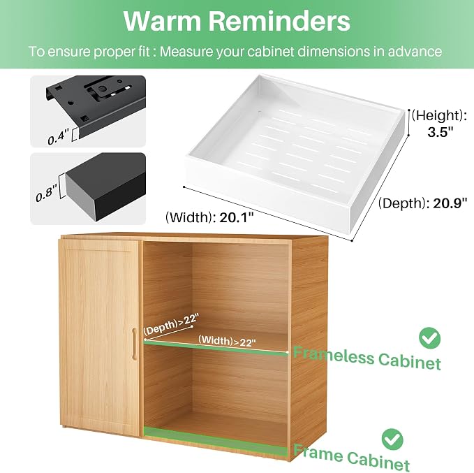 2Pack Pull out Cabinet Organizer, 21"Deep, 20"Wide Full-extension Heavy Duty Slide out Drawers Fixed with Adhesive Nano, Roll Out Shelves Sliding Cabinet for Kitchen,Bathroom,Pantry,Under Sink(White)