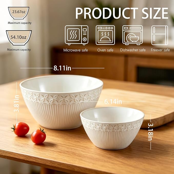 Ceramic Mixing Bowls Set, 2 Pcs Large Salad Serving Bowl, Vintage Nesting Mixing Bowls with Embossed Surface for Cooking, Baking & Prepping, Microwave and Dishwasher Safe