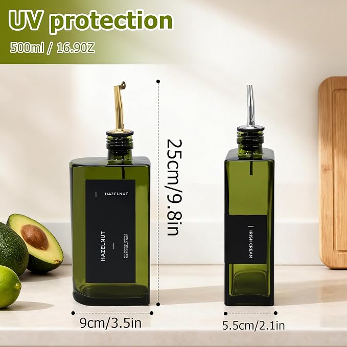R DRURLCD Dark Green Glass Olive Oil Dispenser 17 oz, Coffee Syrup Container UV Protected Jar,Ergonomic Curved Grip,304 Stainless Steel Spout Oil Vinegar Dispenser Bottle for Kitchen Cooking BBQ