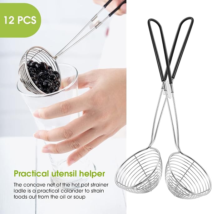 Geiserailie 12 Pieces Hot Pot Kit Strainer Scoops Stainless Steel 2.5 Inch Mini Spider Strainer Skimmer Pasta Mesh Spoon Asian Skimmer Spoon Ladle with Handle for Home (Black)