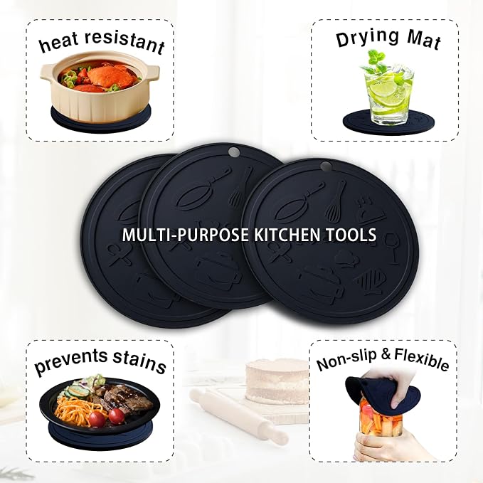 Silicone Trivet Mats - 3 Heat Resistant Pot Holders, Non-Slip Hot Pads for Kitchen, Food Grade Silicone, BPA Free, Easy to Wash (Black)