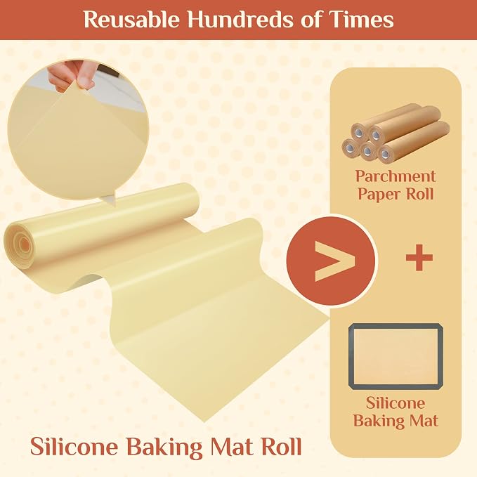 GTJ Silicone Baking Mat Roll, Reusable Baking Sheet Liners, 24 in x 6 ft | Free Cut to Size, Food-Grade, Non-Stick, Non-Slip, For Dough, Pastry, Air Fryer, Freeze Dryer, Oven Pan, Kitchen Counter
