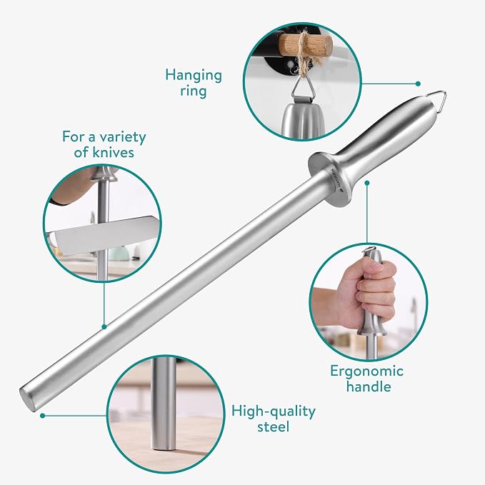 Navaris Diamond Knife Sharpener Steel - Chef Knife Sharpeners with Ergonomic Silver Handle - Honing Rod for Chef's Knives, Paring Knives, Carving Knives, Japanese Kitchen Knives