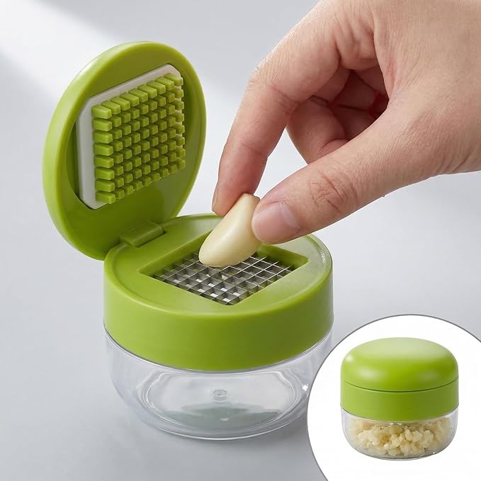 2-Pack 3-in-1 Garlic Press Set, Stainless Steel Garlic Mincer with Garlic Peeler & Cleaning Brush, Garlic Crusher Tool with Storage Container for Kitchen Cooking (Green)