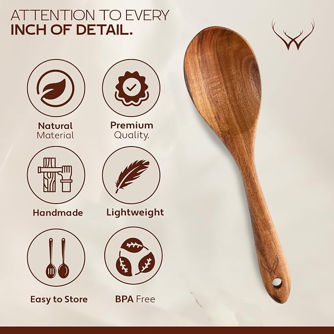 8 Pcs Teak Wooden Utensil Set – Premium Wooden Cooking Utensils Set, Natural Wooden Spoons for Cooking - Sturdy Kitchen Utensils & Cooking Spoons for Every Chef
