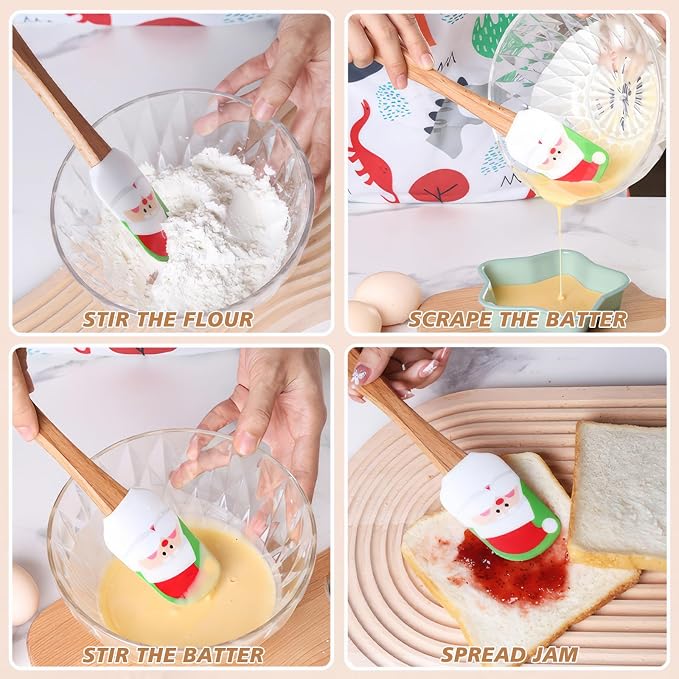 Silicone Spatula, Caliamary 3 Pieces Kitchen Silicone Spatula Set, Christmas Cake Decorating Spatula with Wooden Handle, Snowman Gingerbread Man and Santa Claus Pattern (Snowman)