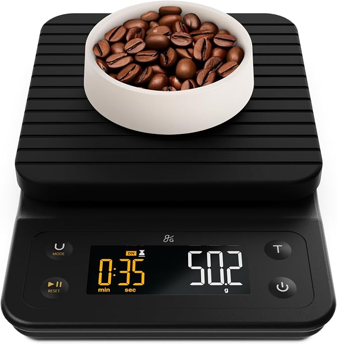 Greater Goods Coffee Scale with Timer, 0.1g Precision for Espresso & Matcha | Digital Pour-Over Scale with Waterproof Silicone Cover, Backlit Display & 6.6lb Capacity for Chemex, V60, Drip (Onyx Black)