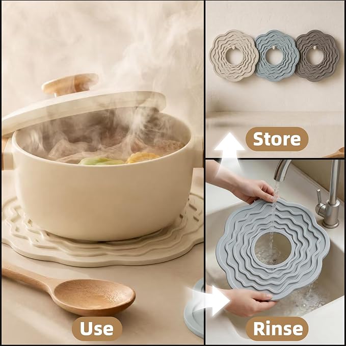 10+7 Inch Silicone Trivets for Hot Dishes Pots Pans, Hot Pads for Kitchen | One 10 inch mat plus two 7 inch mats protect counters and tables under Dutch ovens, bowls, teapots and microwave meals.