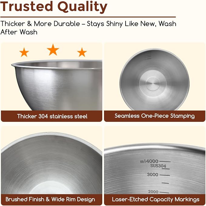 Gronivex Stainless Steel Mixing Bowls Set, 4-Piece (1.5, 2.2, 3.4 & 4.2 Qt) | Food-Grade Metal,Dishwasher Safety,Stackable Nesting & Space-Saving, For home baking, salads, cooking, and RV or grilling use