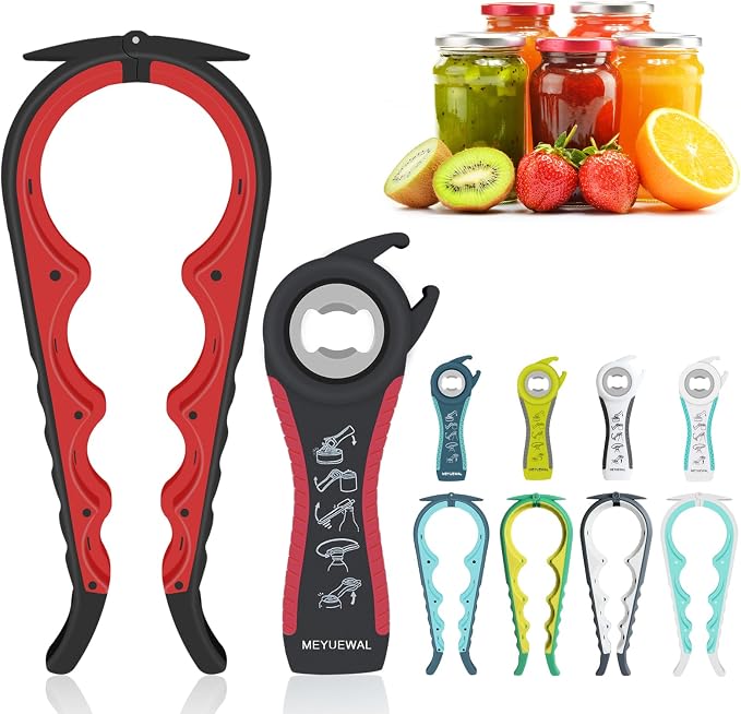Jar Opener Bottle Opener for Weak Hands, 5 in 1 Multi Function Can Opener Bottle Opener Kit with Silicone Handle Easy to Use for Children, Elderly and Arthritis Sufferers (New red)
