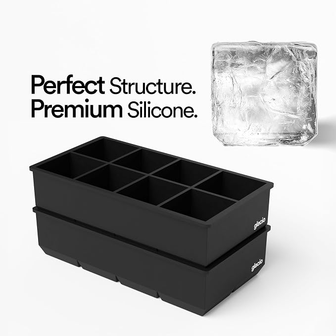 Ice Cube Molds – 2-Pack Silicone Trays for 8 Large Square Cubes – Slow-Melt Ice for Whiskey, Cocktails, Coffee & More (Black)