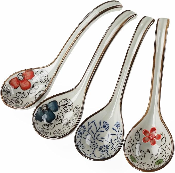 Ceramic Soup Spoons Set of 4 Porcelain Japanese Soup Spoon Long Handle Asian Soup Spoon Sets for Pho Ramen Noodles Wonton Dumpling Rice (Model 2#)