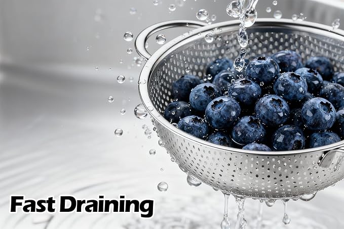 Leonyo Stainless Steel Colander Strainer for Kitchen Set of 3(1-3-5Quart) | Micro-Perforated Metal Strainers and Colanders with Handle for Kitchen Draining Pasta Rinsing,Steaming,Dishwasher Safe