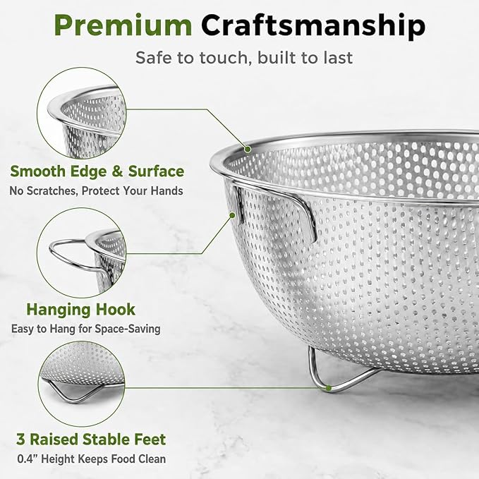 TeamFar Colander Set of 3, Stainless Steel Perforated Metal Colander Strainer with Handles for Spaghetti, Pasta, Berry, Rust Free & Dishwasher Safe - 1/3/5-quart