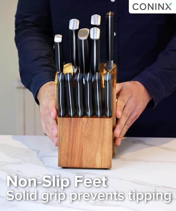 Coninx Knife Block with Built-In Sharpener – 15 Slot Acacia Wood Knife Holder for Kitchen Counter – Non-Slip Wooden Knife Organizer Stand for Chef & Bread Knives
