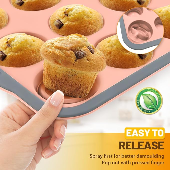 Silicone Muffin Pan, 12 Cups Non-Stick Cupcake Pan, Food-Grade BPA-Free Muffin Tin, Oven-Safe 450 °F, Reinforced Steel Frame, Easy-Grab Handles, Quick-Release 2.3" Baking Molds for Mini Treats