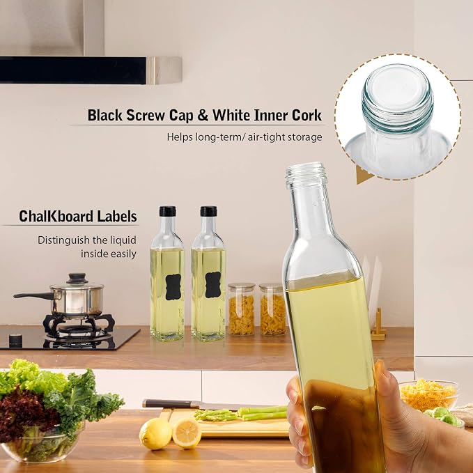 BAKHUK Glass Oil Dispenser Bottles for Kitchen, 17oz Olive Oil Bottle with Stainless Steel Funnel and Pour Spouts, Olive Oil Dispensing Vinegar Cruet Set, 3 Pack