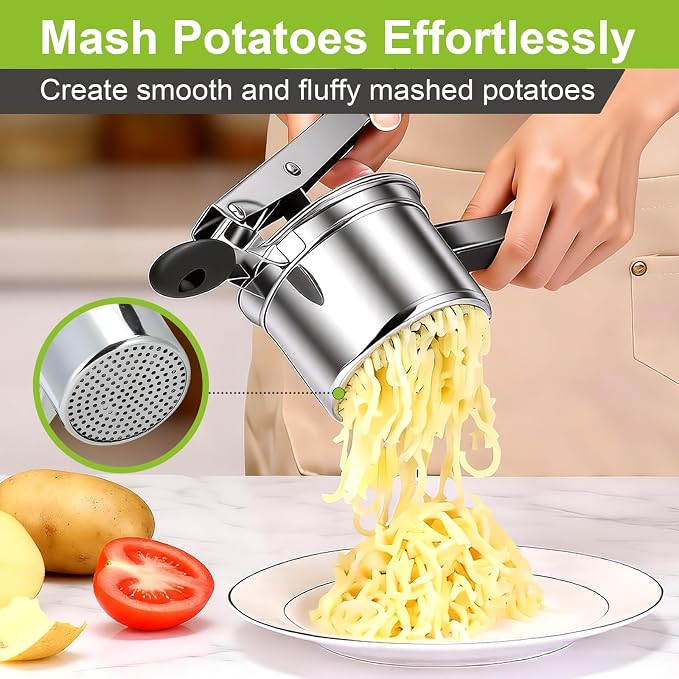 Potato Ricer Stainless Steel, Heavy Duty Potato Masher with Ergonomic Handle, Large 3 Interchangeable Discs Ricer for Mashed Potatoes Dishwasher Safe, Efficiently Make Fluffy Smooth Mashed Potatoes