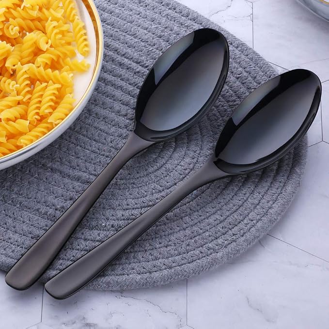 Buffet Serving Spoons, Stainless Steel 10 Inch Black Plated Server Set of 2, Large Salad Serverware Utensils, Dishwasher Safe