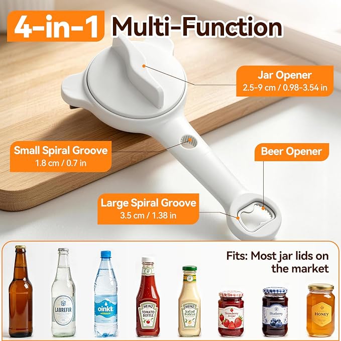 4-In-1 Jar Opener for Weak Hands & Seniors, Adjustable Fits Lid 0.98-3.54In | Effortlessly Opens Stubborn Screw Lids & Bottle Caps. White Jar Lid Opener, 3 Stainless Steel Claws, Kitchen Gifts For Women