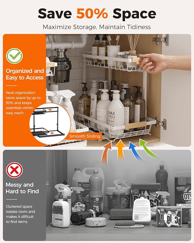 2-Pack 2-Tier Height Adjustable Under Sink Organizer & Storage | Multi-purpose storage for kitchen & bathroom cabinet. Large white shelf, height adjustable design for space-saving.