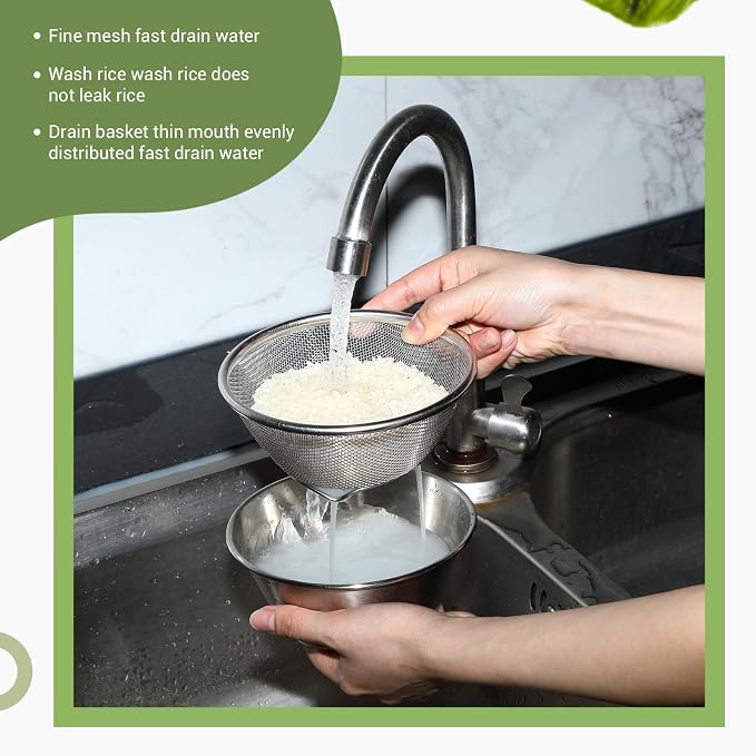 Baderke Mini Colander & Food Strainer 304 Stainless Steel Small Mixing Colanders Bowl Rice Strainer for Kitchen Cooking Fruit Washing Vegetable (6.3 x 2.76 Inches,Silvery,4 Pcs)