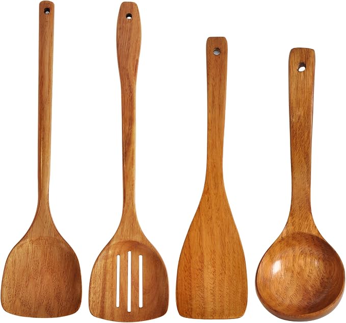 Wooden Spatula,Slotted Turner,Soup Ladle,Long Handle Utensils Set,Handmade for Kitchen Cookware (Wooden Utensil 4 Sets)