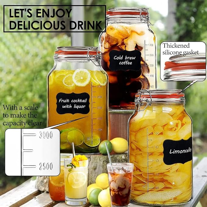 1 Gallon Glass Jars with Lids, 2 Pack Wide Mouth Mason Jars, 138 oz | Airtight Lids, Measurement Marks, Dishwasher Safe, Heavy-Duty Glass Storage Containers for Flour, Sugar, Kitchen & Pantry