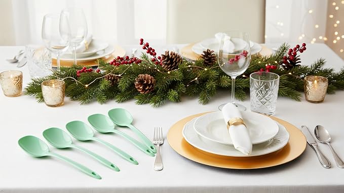 Reston Lloyd Cooking Spoon for Serving, Basting, Mixing, Heat Resistant, BPA Free Melamine 11 inch Utensil with Ergonomic Handle, Set of 6, Seafoam