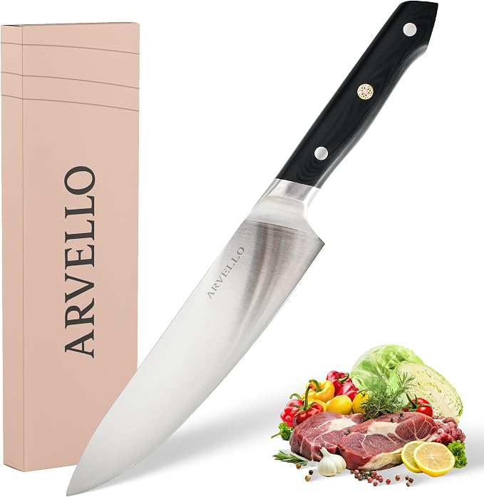 ARVELLO 8-inch Chef Knife- Full Tang- German High Carbon Stainless Steel- G10 Handle with Three Rivet, Multipurpose Kitchen Knife