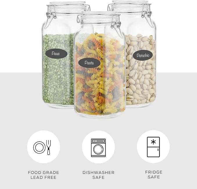JoyJolt Airtight Glass Jars with Lids Set of 3. 78oz Glass Jar with Lid and 6 Silicone Seals! Large Glass Food Storage Containers. Square Mason Jar, Candy Jar, Flour Jar, Pasta Containers for Pantry