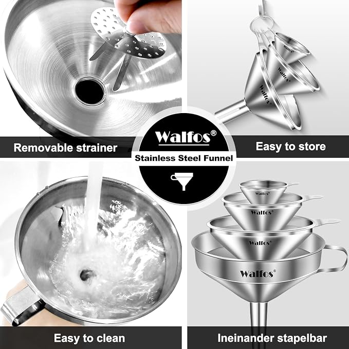 Stainless Steel Funnel, Walfos 4 Pack(4in、3 in、2.2 in、1.7in Kitchen Funnel with 2 Removable Strainer ＆ 1Pcs Cleaning Brush, Perfect for Transferring of Liquid, Oils, Jam, Dry Ingredients & Powder