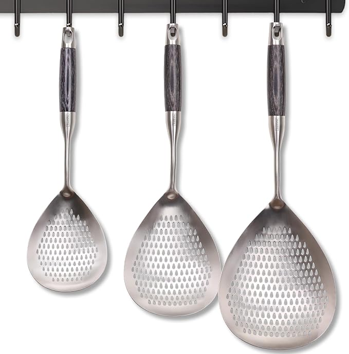 Skimmer Slotted Spoon Set of 3 - Stainless Steel Pasta Tools Spider Strainer Ladle Spoon with Wooden Handle for Cooking and Frying - Kitchen Utensils Spaghetti Strainer Colander - 14.8In,16.5In,17In