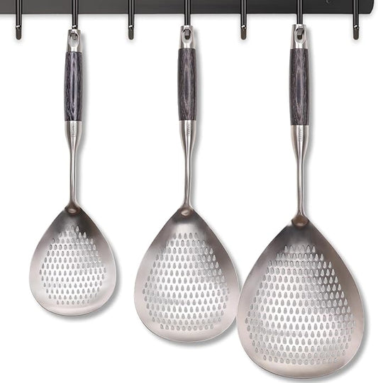 Skimmer Slotted Spoon Set of 3 - Stainless Steel Pasta Tools Spider Strainer Ladle Spoon with Wooden Handle for Cooking and Frying - Kitchen Utensils Spaghetti Strainer Colander - 14.8In,16.5In,17In