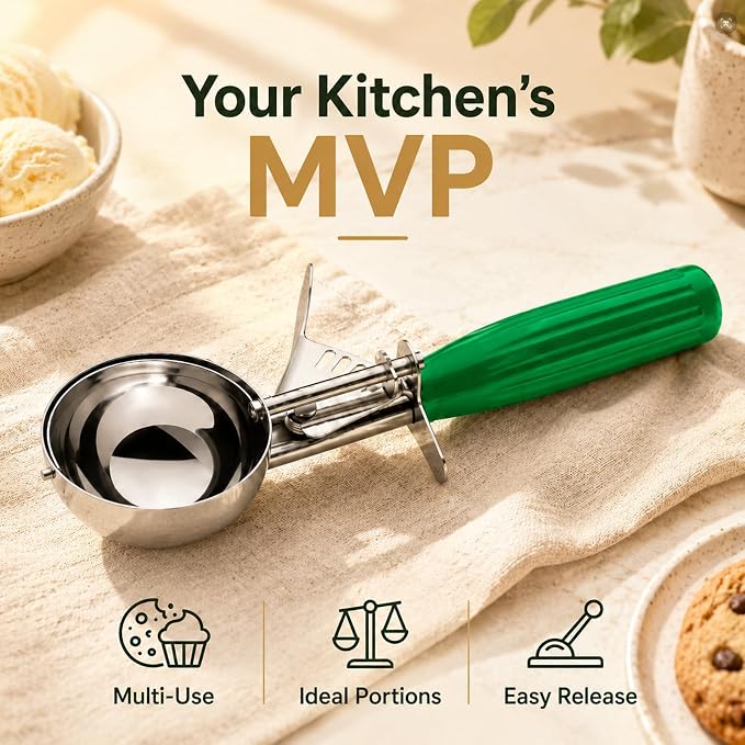 2.67 OZ Large Ice Cream Scoop, Cookie Scoop with Trigger Release & Anti-Freeze Grip, Cookie Scooper for Baking, Portion Scoop for Cookie Dough, Cupcake, Mashed Potatoes (Green - 5.2 Tbsp/ 78 ml)