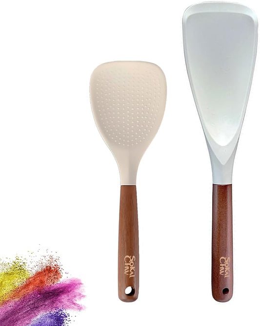 Spatula Spoon and Rice Spoons with Wooden Handle, Food Grade Silicone Great for Cooking, Mixing, Scooper, Scrape, Non stick Heat Resistant (white - Rice set 2 pcs)