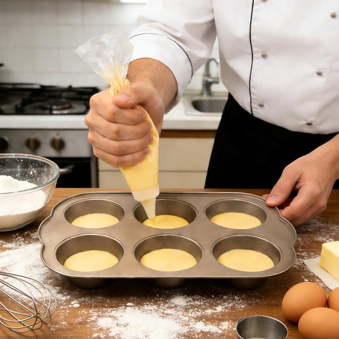 Non-Stick Jumbo 3.5" 6-Cup Muffin Pans, Set of 2(Gold) | Carbon Steel, Long Handle for Large Muffin & Cupcakes
