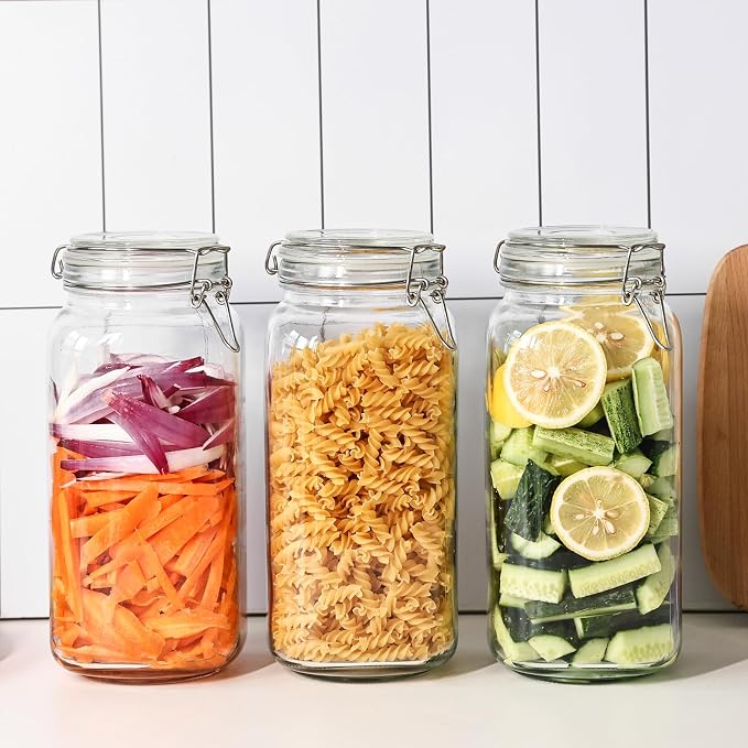 Liuruiyu 78oz Glass Food Storage Jars with Airtight Clamp Lids, 3 Pack Wide Mouth Large Kitchen Canisters for Flour, Cereal, Beans, Pasta and Canning, Square Mason Jar with Labels