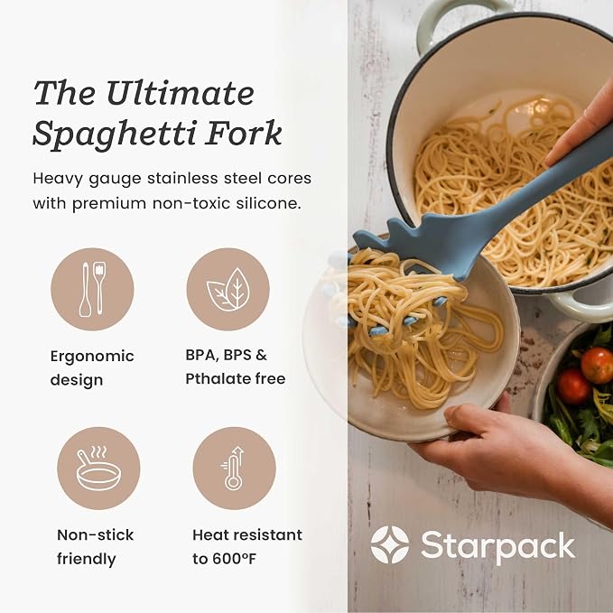 Starpack XL Premium Silicone Pasta Fork (13.5") - Spaghetti Spoons High Heat Resistant to 600°F - Silicone Pasta Spoon Strainer - Server Spoon with Teeth - Server Utensil for Pastas
